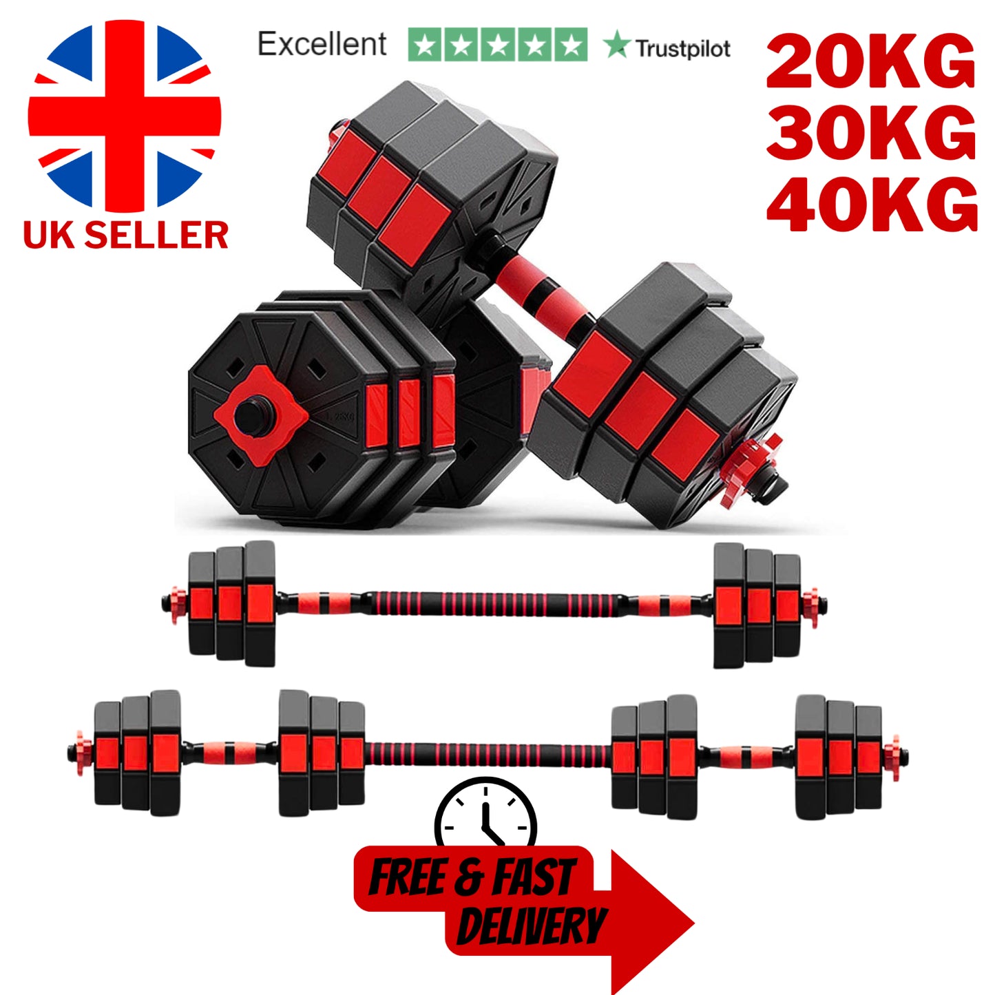 Exersci Premium Adjustable Dumbbell & Barbell Set - 20Kg/30Kg/40Kg for Ultimate Home Workouts