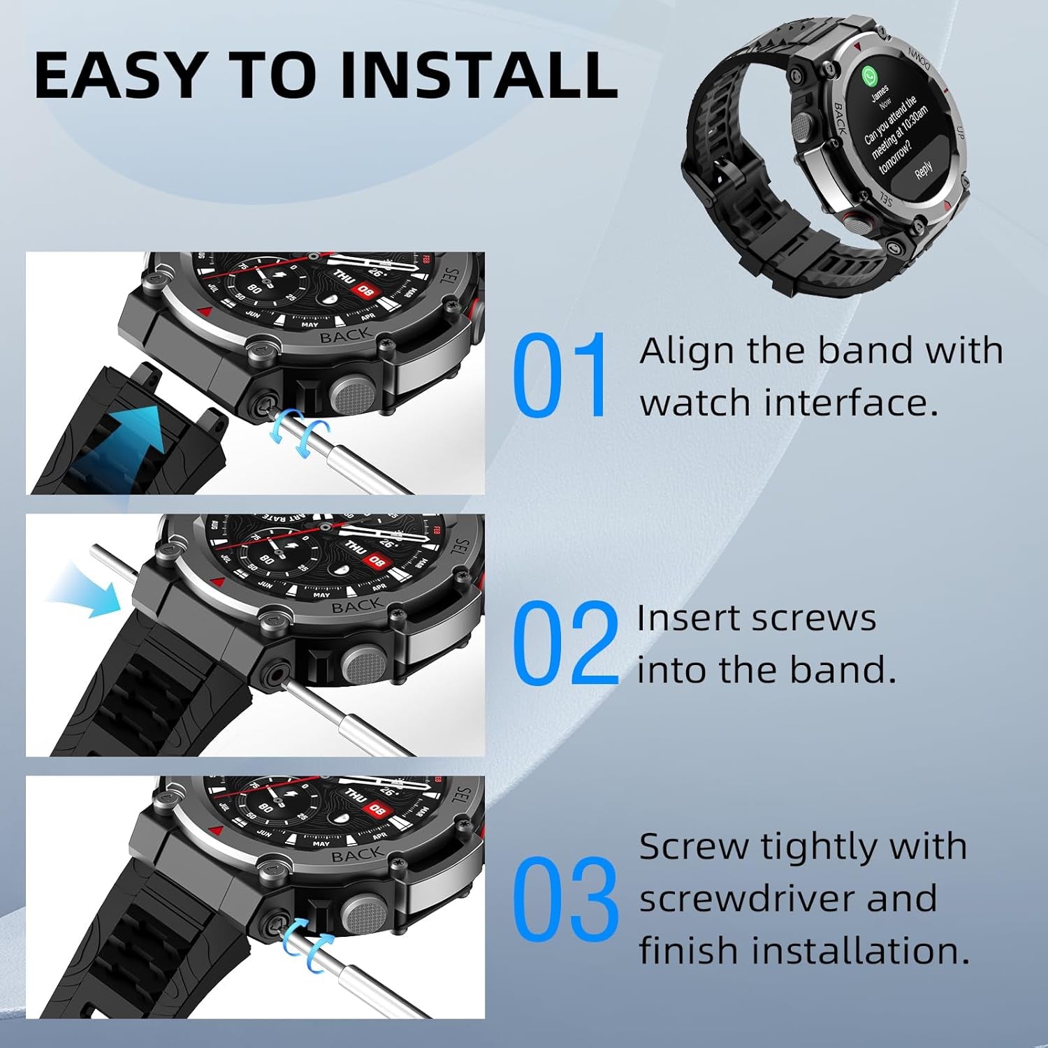 Sports Band Compatible with T-Rex 3 Smartwatch, Soft Silicone Adjustable Watch Band, Skin-Friendly Strap for T-Rex 3 with 1 Install Tool