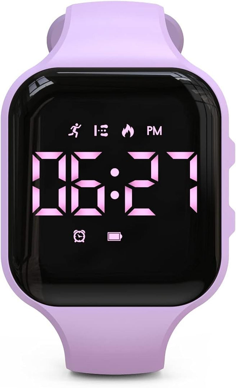Non-Bluetooth Led Fitness Tracker Watch,Digital Pedometer Watch,With Step Counting/Distance/Calories/Stopwatch/Alarm Clock, Great Gift for Kids Teens Girls Boys Xmas (Square - Purple)