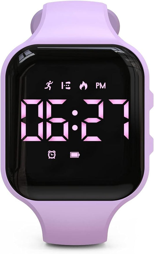 Non-Bluetooth Led Fitness Tracker Watch,Digital Pedometer Watch,With Step Counting/Distance/Calories/Stopwatch/Alarm Clock, Great Gift for Kids Teens Girls Boys Xmas (Square - Purple)
