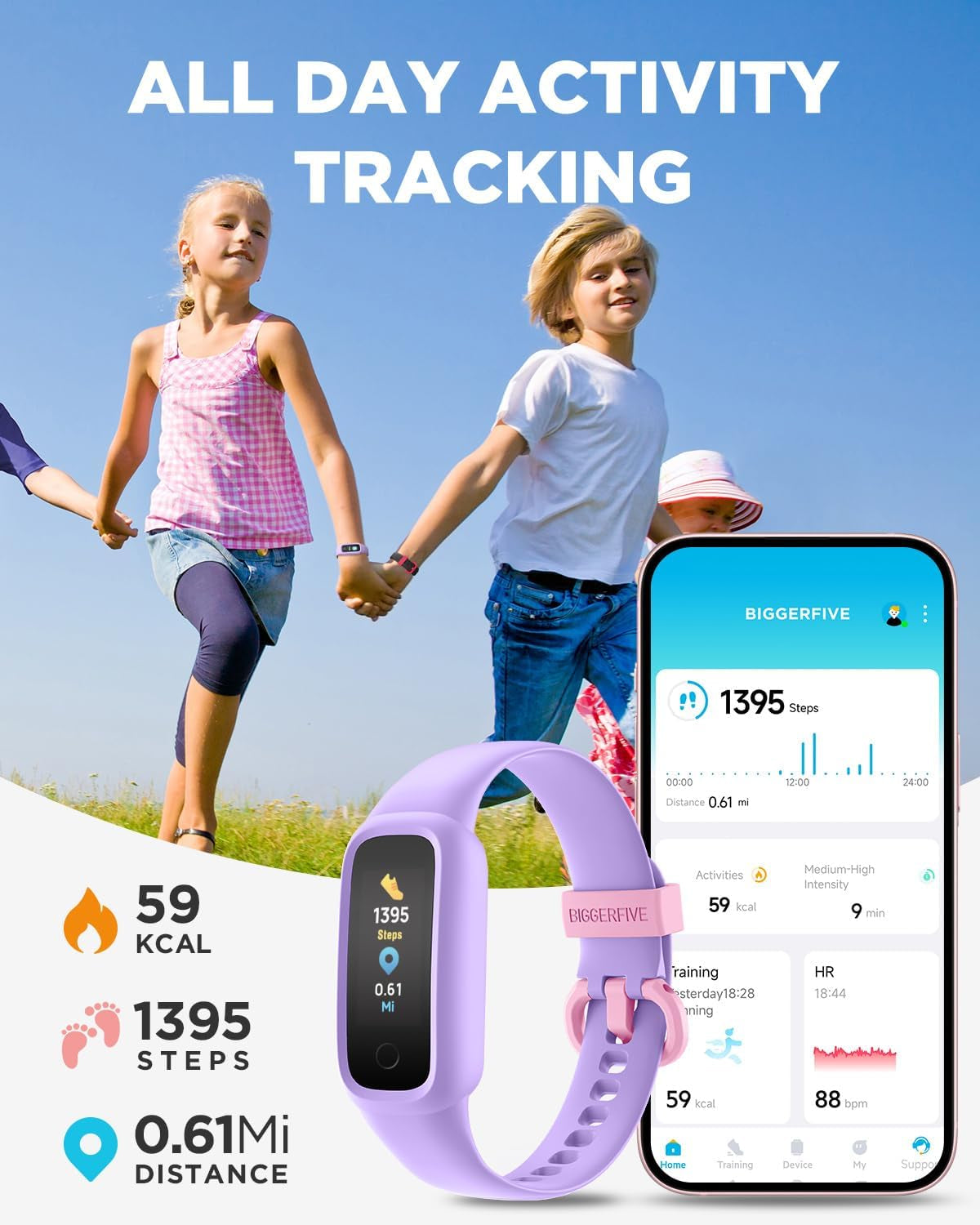 Vigor 2 L Kids Fitness Tracker Watch for Boys Girls Ages 5-15, Activity Tracker, Heart Rate Sleep Monitor, IP68 Waterproof, Pedometer, Calorie Step Counter Watch, Lilac