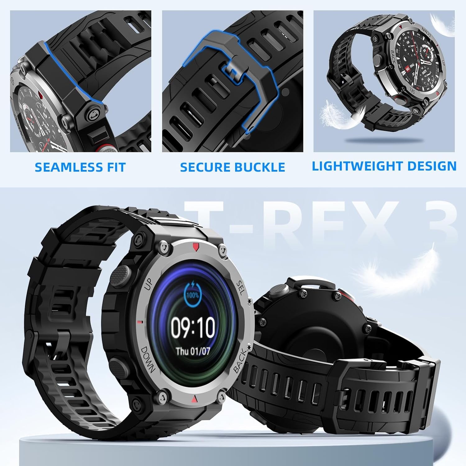 Sports Band Compatible with T-Rex 3 Smartwatch, Soft Silicone Adjustable Watch Band, Skin-Friendly Strap for T-Rex 3 with 1 Install Tool
