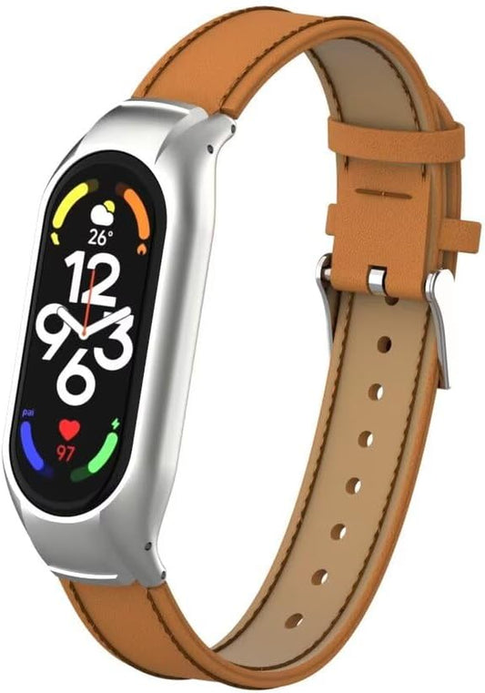 Compatible with Xiaomi Mi Band 7 Strap,Leather Replacement Band Wristband Accessories with Metal Frame for Xiaomi Mi Band 7 Smart Bracelet