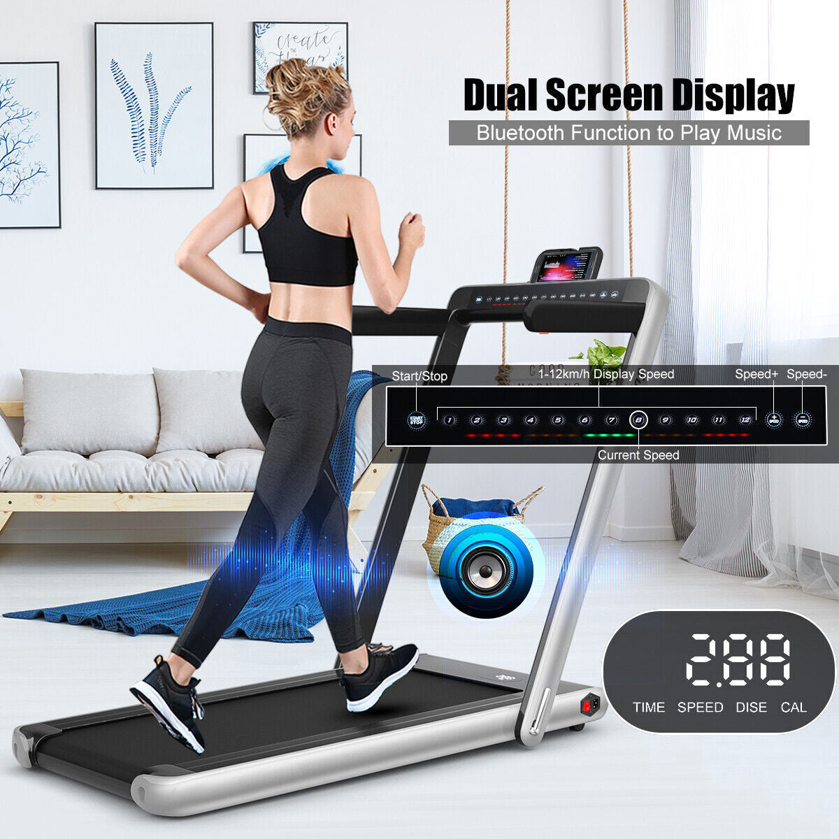 2 in 1 Folding Treadmill Electric 1-12KM/H Walking Running Machine Bluetooth