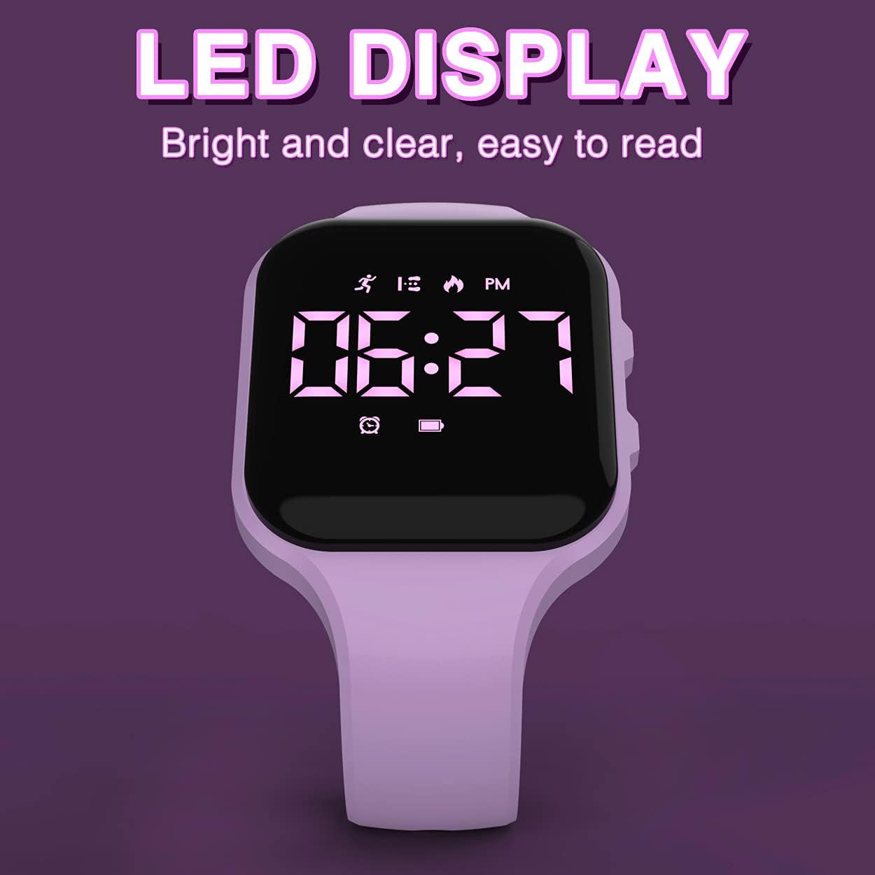 Non-Bluetooth Led Fitness Tracker Watch,Digital Pedometer Watch,With Step Counting/Distance/Calories/Stopwatch/Alarm Clock, Great Gift for Kids Teens Girls Boys Xmas (Square - Purple)